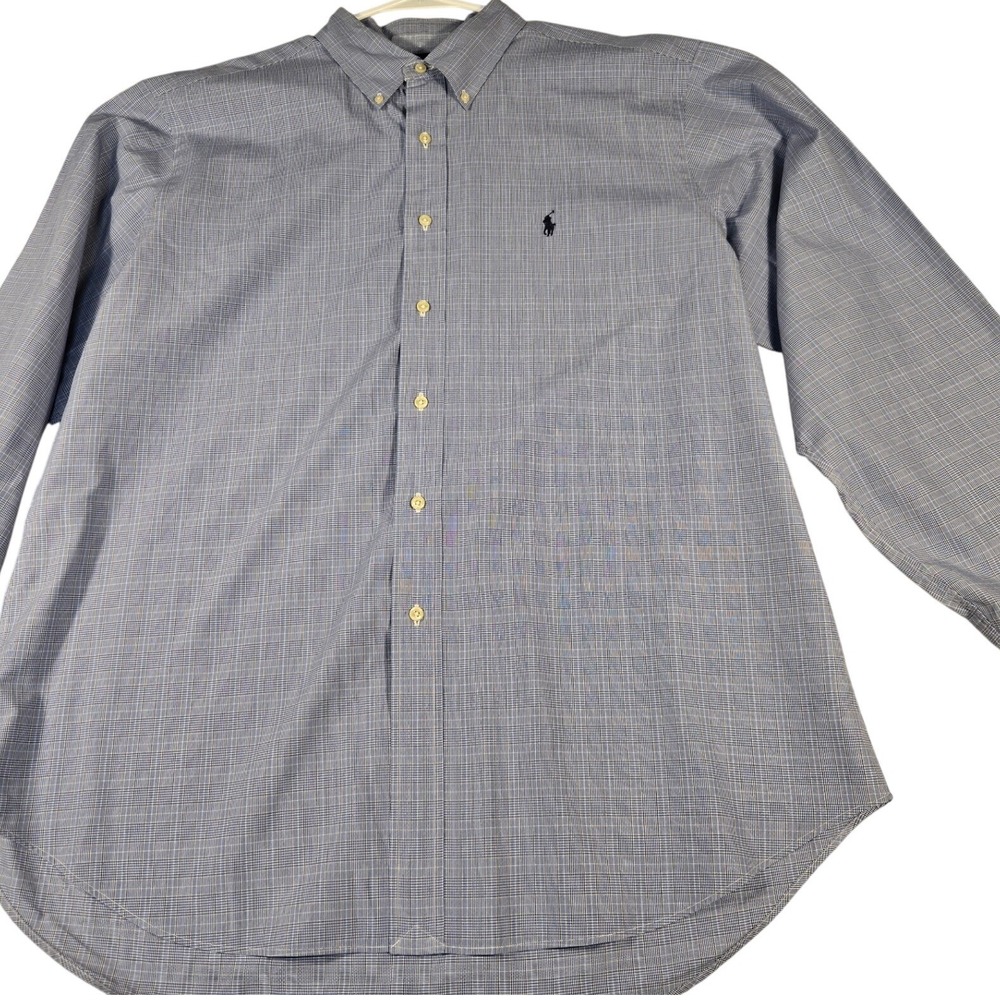 Ralph Lauren Classic Fit Glen Plaid Shirt Blue White Mens 17.5 36/37 Long Sleeve